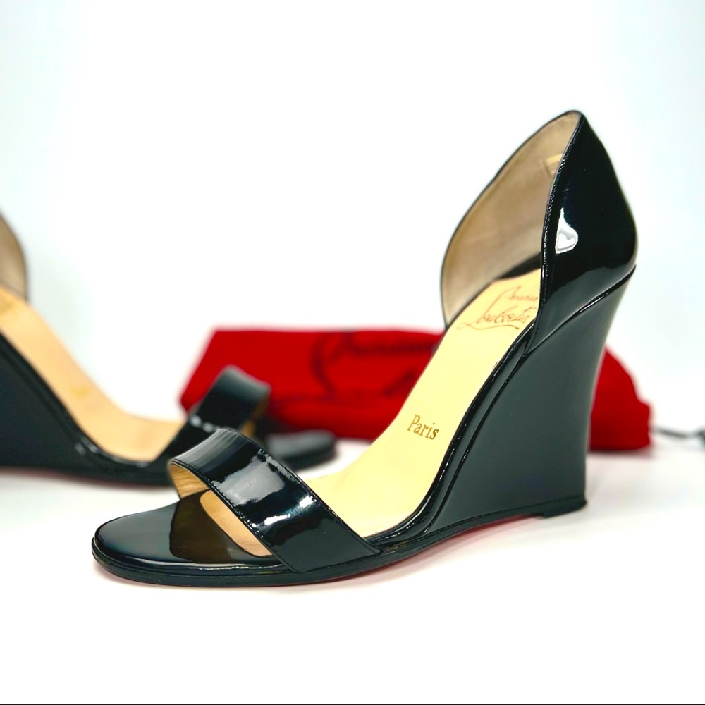 Christian Lounoutin black patent wedge sandal